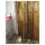 4 Garden tools - shovel,metal rake,pic axe,etc.