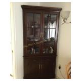 Glass door corner china closet, lighted, glass