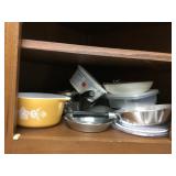 Misc pans,, plastic containers,  Pyrex qt bowl etc