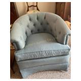 M A K Interiors blue button-tufted barrel chair