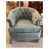 M A K Interiors blue button-tufted barrel chair