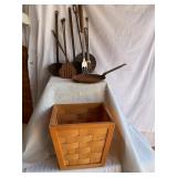 Basket w/Vtg utensils & fring pan, tallest is 16'