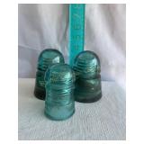 3 blue green insulators, Brookfield on one, one