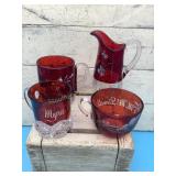 4 pc. Ruby red souvenir pieces, flash glass,