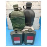 4 water army style plastic canteens, one w/cover