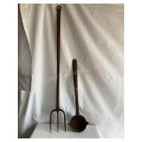 2 Cast metal utensils, dipper & fork, tallest 24'
