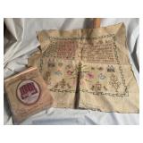 Embroidered sampler, 19x18' & Charleston mini