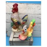 Vtg ceramic chickens, measuring spoon holder w/3