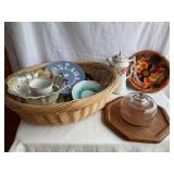 Misc dishware, wood bowl-11ï¿½ dia, etc in basket