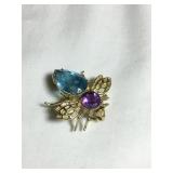 14 kt 585 bee brooch/pendant, w/amethyst, aqua