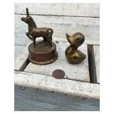 Brass unicorn & duck, largest is 3'H