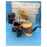 3 Vtg planters, donkey, wheelbarrow, pipe,
