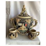 German punch bowl w/2 cups, 12.5'H, some wear