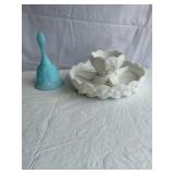 White milk glass chip/ dip set & blue glass bell