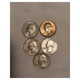 5 Washington quarters - 1964