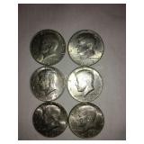6 Kennedy Half Dollars- 1967