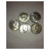 5 Kennedy Half Dollars - 1-1965,4-1966