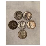 6 Mercury Dimes - 2-1943;3-1944-1(d);1-1945(d)