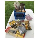 Misc small crate w/contents- patch kit, snips,