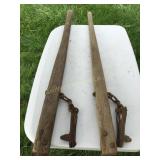 2 Vtg  wooden barbed wire fence stretchers, 36'