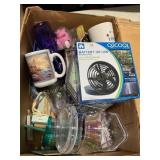 Misc mugs, water cups, canister, fan, bingo