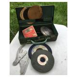 12' metal toolbox w/contents- grinding disc,