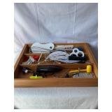 Wooden divided box w/ kitchen utensils- peelers,