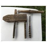 Vtg wood hand drill  14x14 & wood hand screw