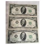 (3) 1950 Series US $10 Federal Reserve notes