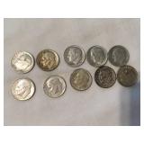 10 Roosevelt dimes-(6) 1958D, 1959, (3) 1959D