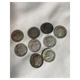 9 Roosevelt dimes-(7) 1952D, (2) 1952