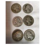 6 Washington quarters, 1937D, 1939D, (2) 1941D,