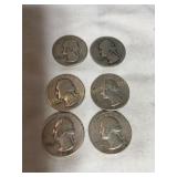 6 Washington quarters, 1946, 1946D, (2) 1948D,
