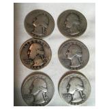 6 Washington quarters, (2)  1942D, (2) 1943,