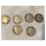 6 Roosevelt dimes-(2) 1957, (4) 1957D