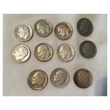 11 Roosevelt dimes-(2) 1953, (9) 1953D