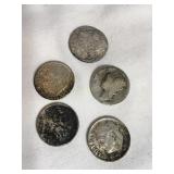 5 Misc unreadable mercury & Roosevelt dimes