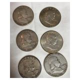 6-Franklin half dollars, 1949, (3) 1950, 1951D