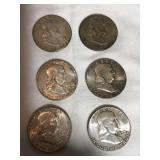 6-Franklin half dollars, (2) 1955, (3) 1956, 1957