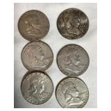 6-Franklin half dollars, 1952, 1954, 1954D,  (3)