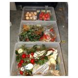 3 Plastic totes Christmas Decor- Bells, Greenery,