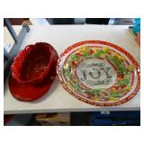 Christmas Joy Glass Bowl 17" D, 2 Red Pottery