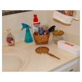 Bath Waste Basket, Linens, Soaps, Hand Mirror,