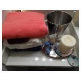 Bathroom towels, waste basket, cleaners, etc.