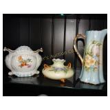 3 Hand painted Porcelain vases  8" & dishes