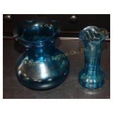 2 Blue hand blown vases tallest 6"