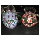 2 Hand painted glass pitchers tallest 8.5"