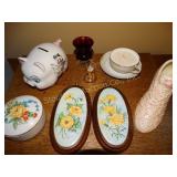 Hand painted piggy bank, wall hangings, trinket