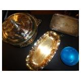 Silver plated trays, casserole dish w/lid, etc.