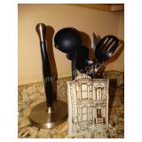 Paper towel holder, utensil caddy w/contents